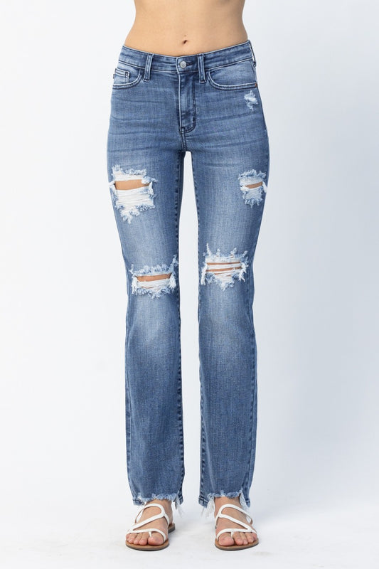 Mid Rise Destroyed Straight Jeans