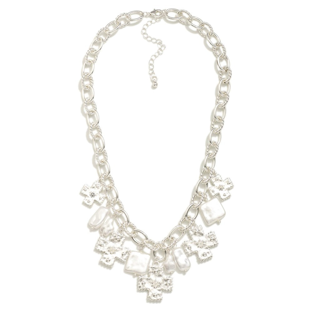 Square Pearl And Cross Necklace