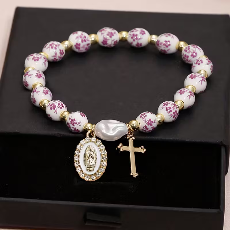 Floral Bead Cross Bracelet