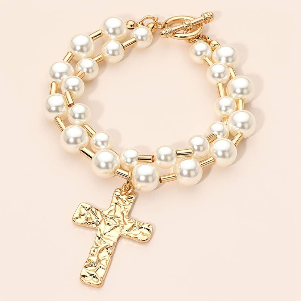 Pearls & Cross Toggle Bracelet
