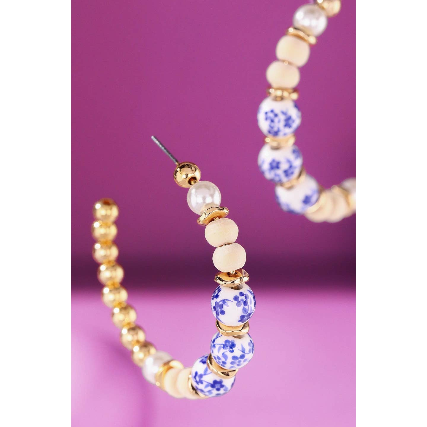 Blue Floral Beaded Hoops