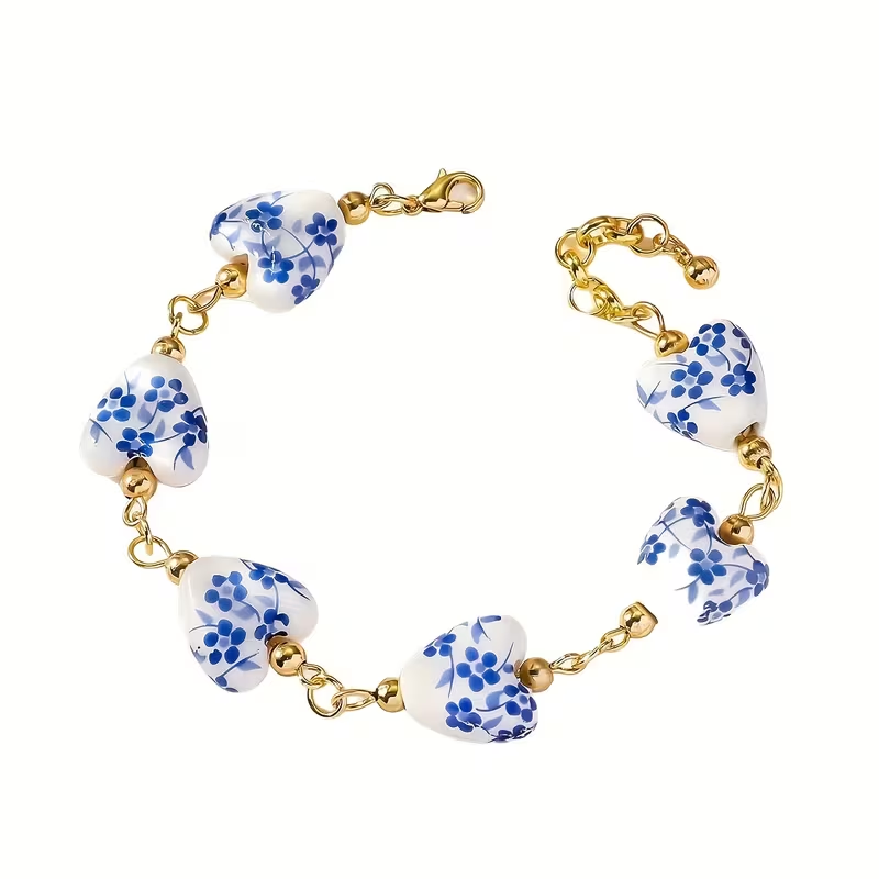 Blue Floral Heart Bead