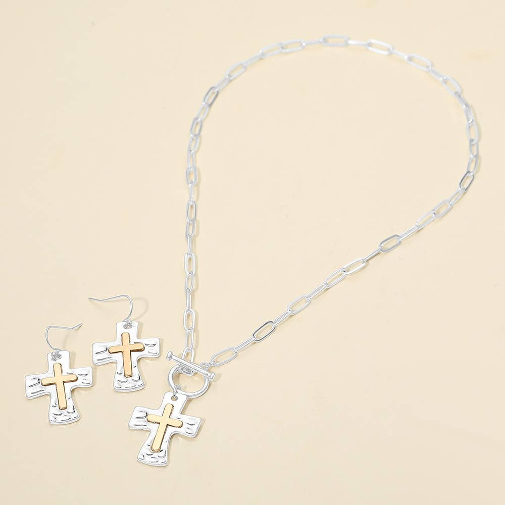 2 Tone Hammered Cross Set