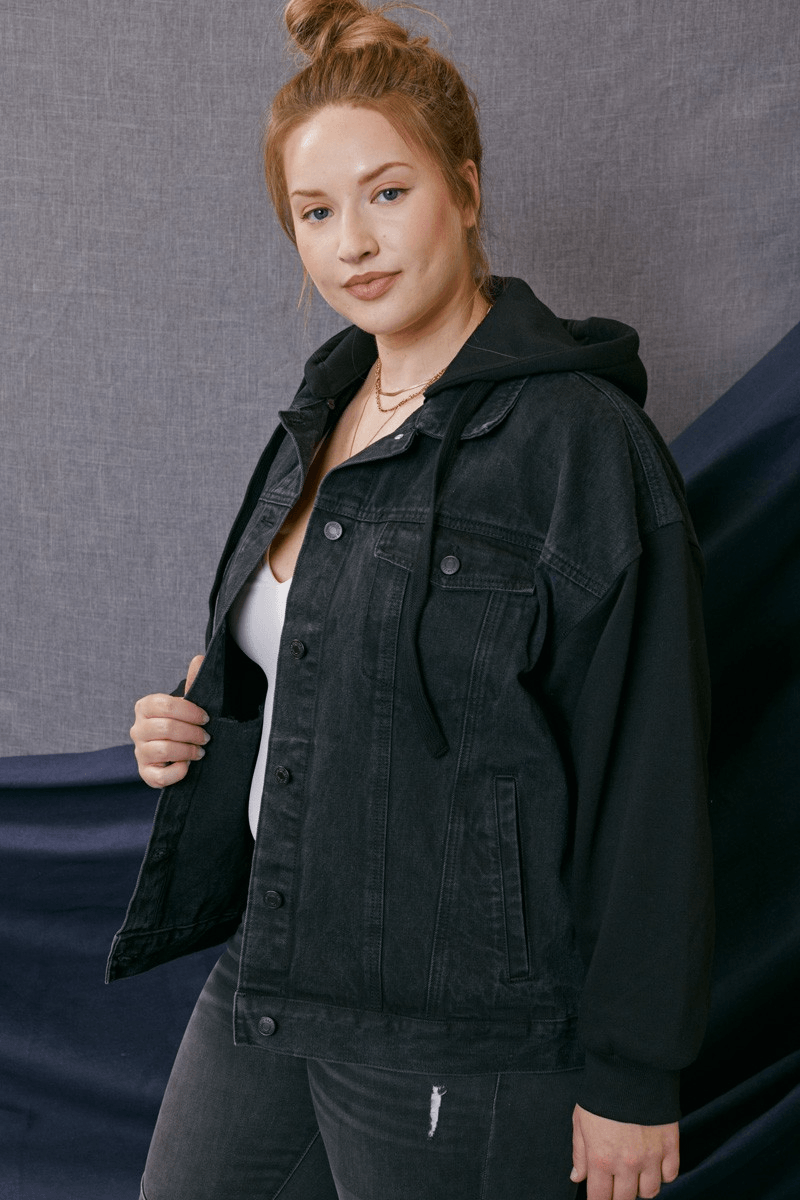 Black Denim Hoodie Jacket KC2001BK-P - Lady Dorothy Boutique