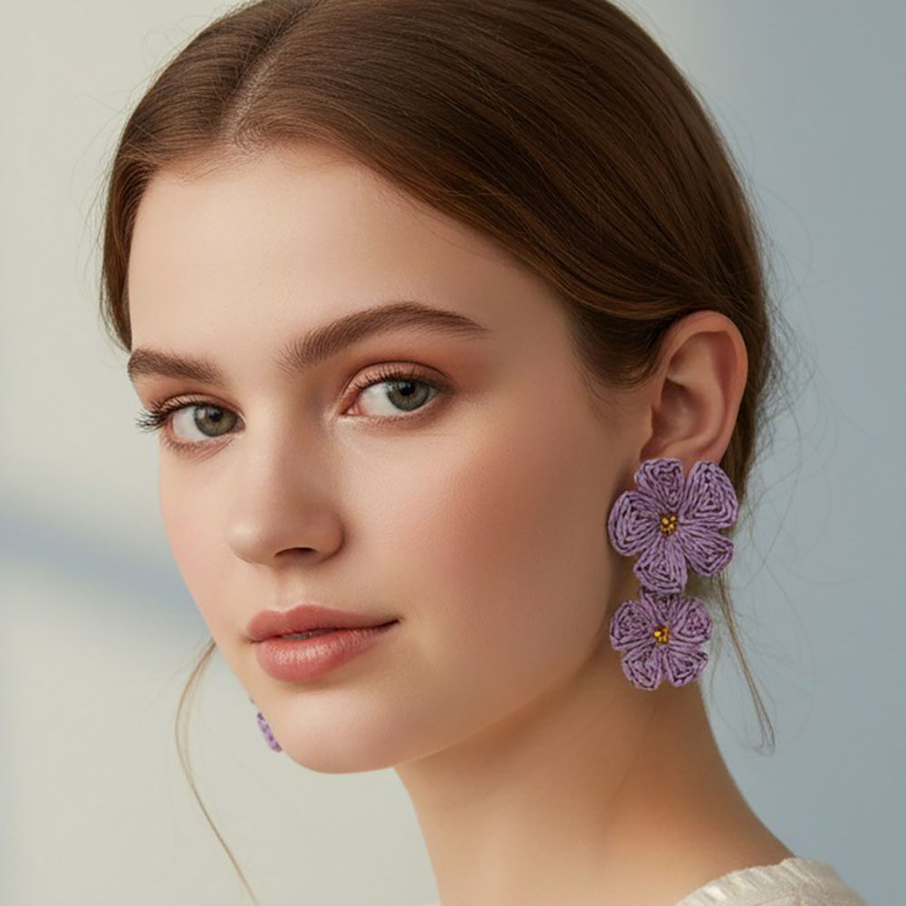 Raffia Double Flower Earrings