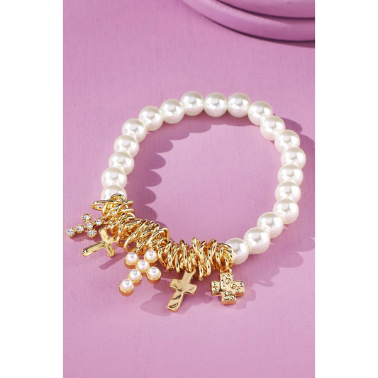 Pearl & Cross Charm Bracelet