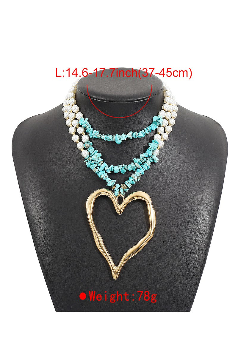 Layered Pearl Turquoise Heart Pendant Necklace