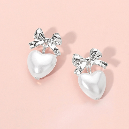 Bow Pearl Heart Earrings