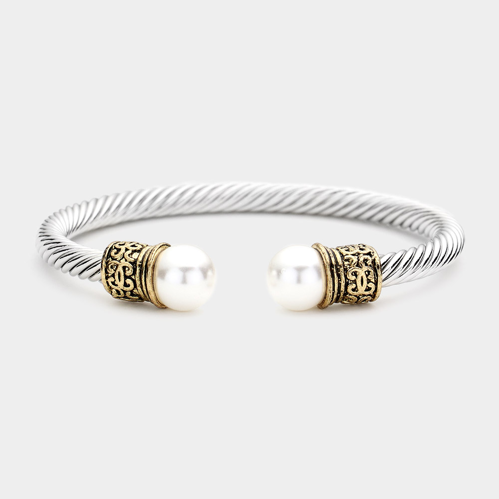 Twisted Pearl Tip Cuff Bracelet