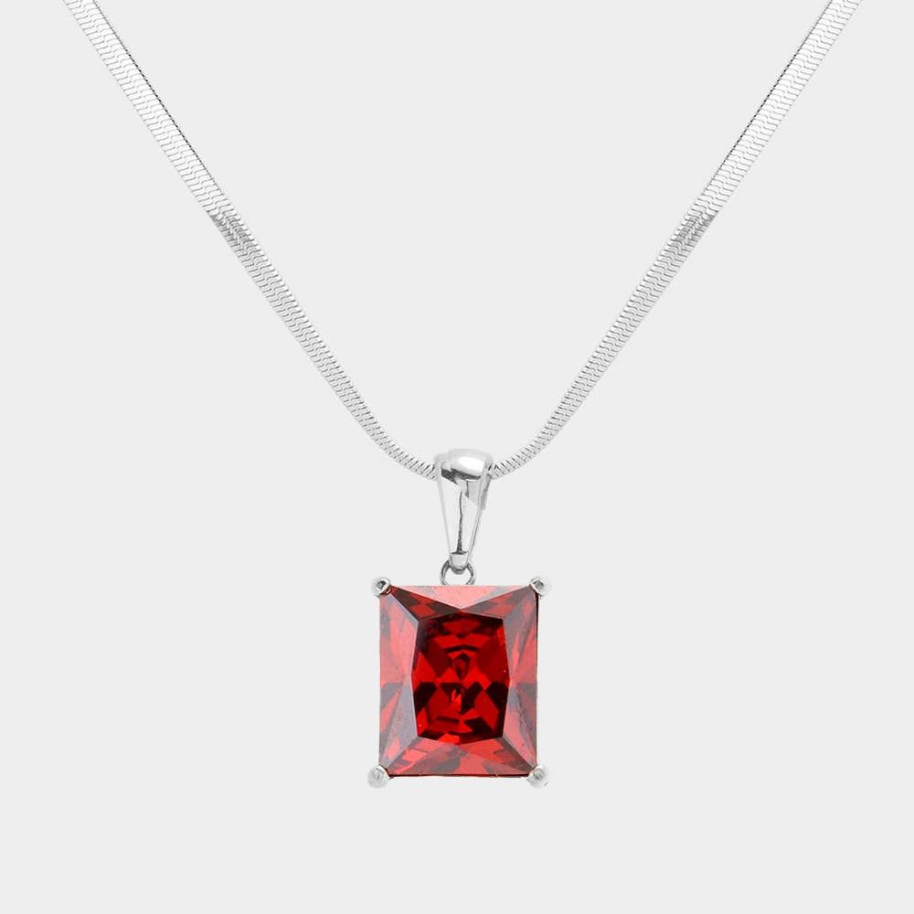 Stainless Steel Cz Rectangle Pendant Necklace