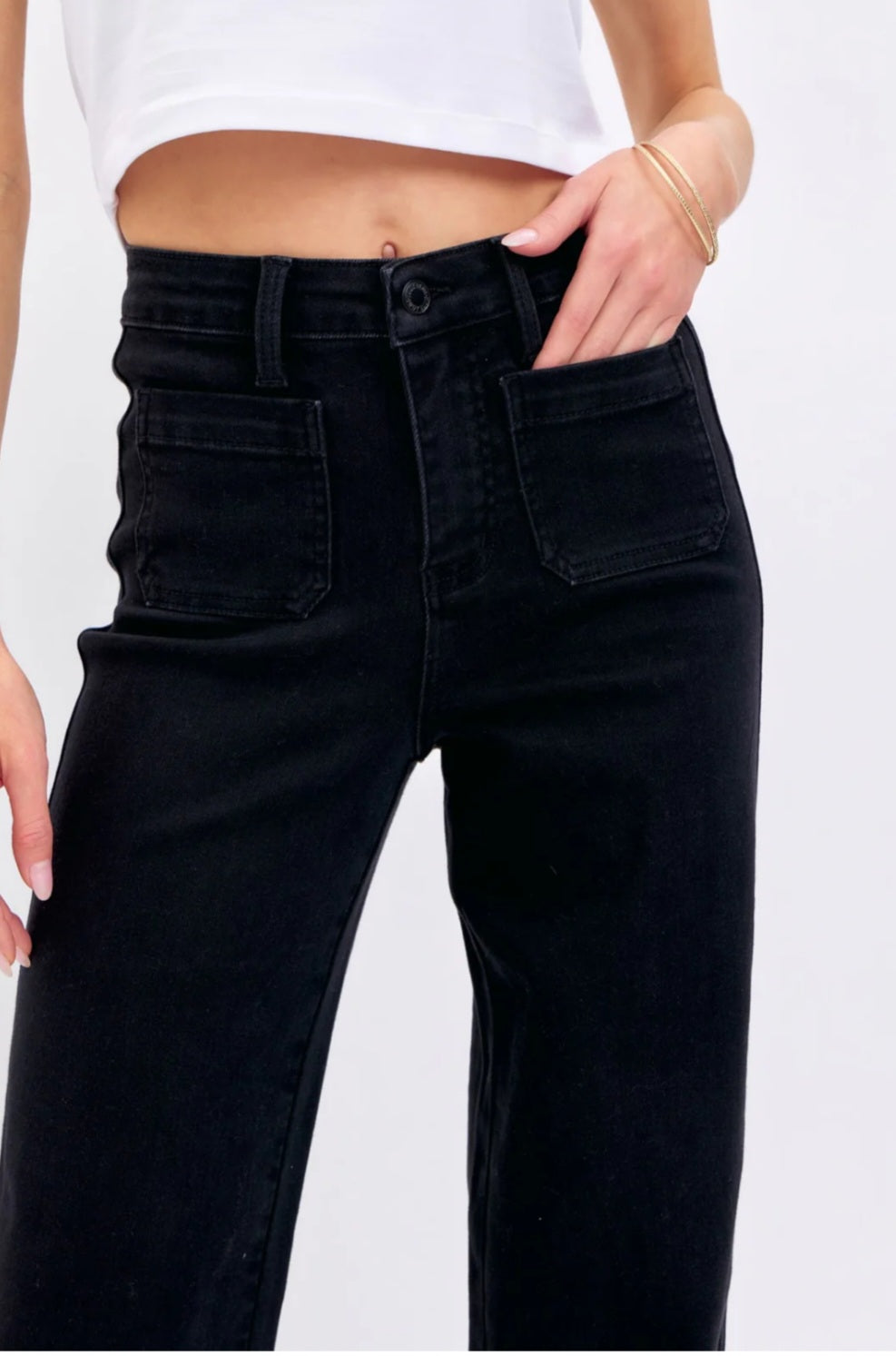 High Waist Patch Pocket Black Straight Pants