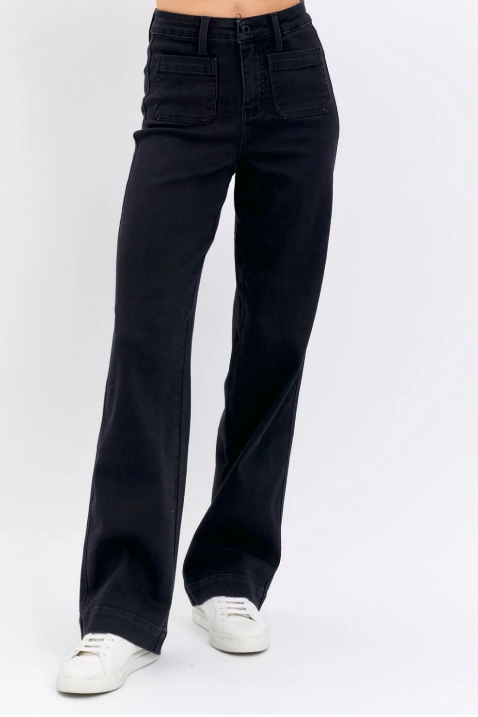 High Waist Patch Pocket Black Straight Pants