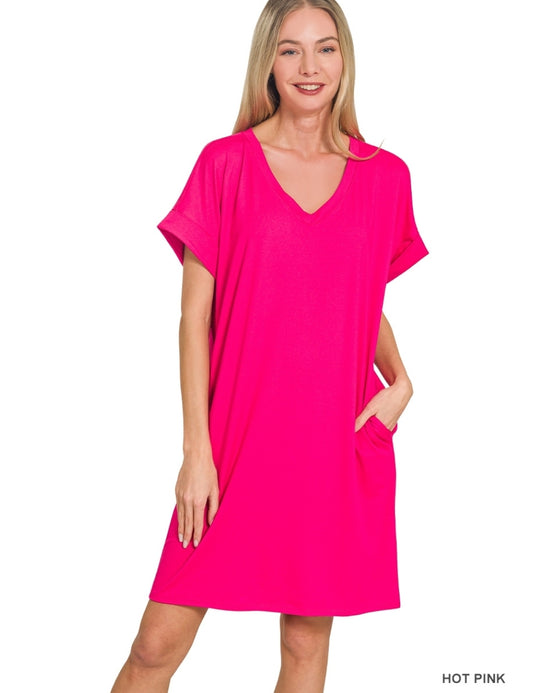 Rolled Sleeve V-Neck Dress