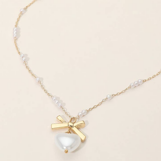 Bow Pearl Heart Beaded Necklace