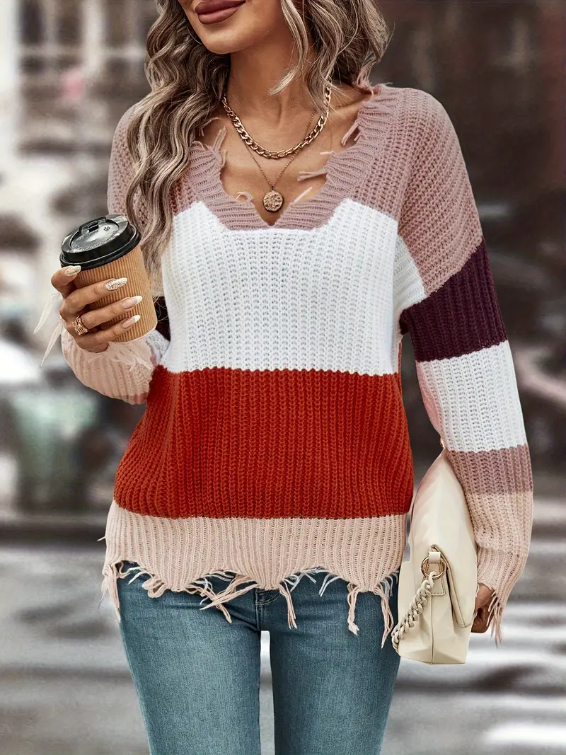 Color Block Distressed Sweater