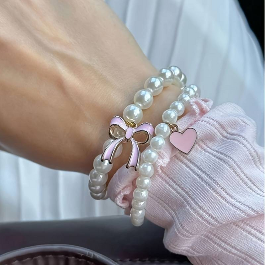 Pearl Pink Bow Bracelet Set