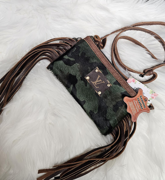 Re-Purposed Leopard Fringe Crossbody