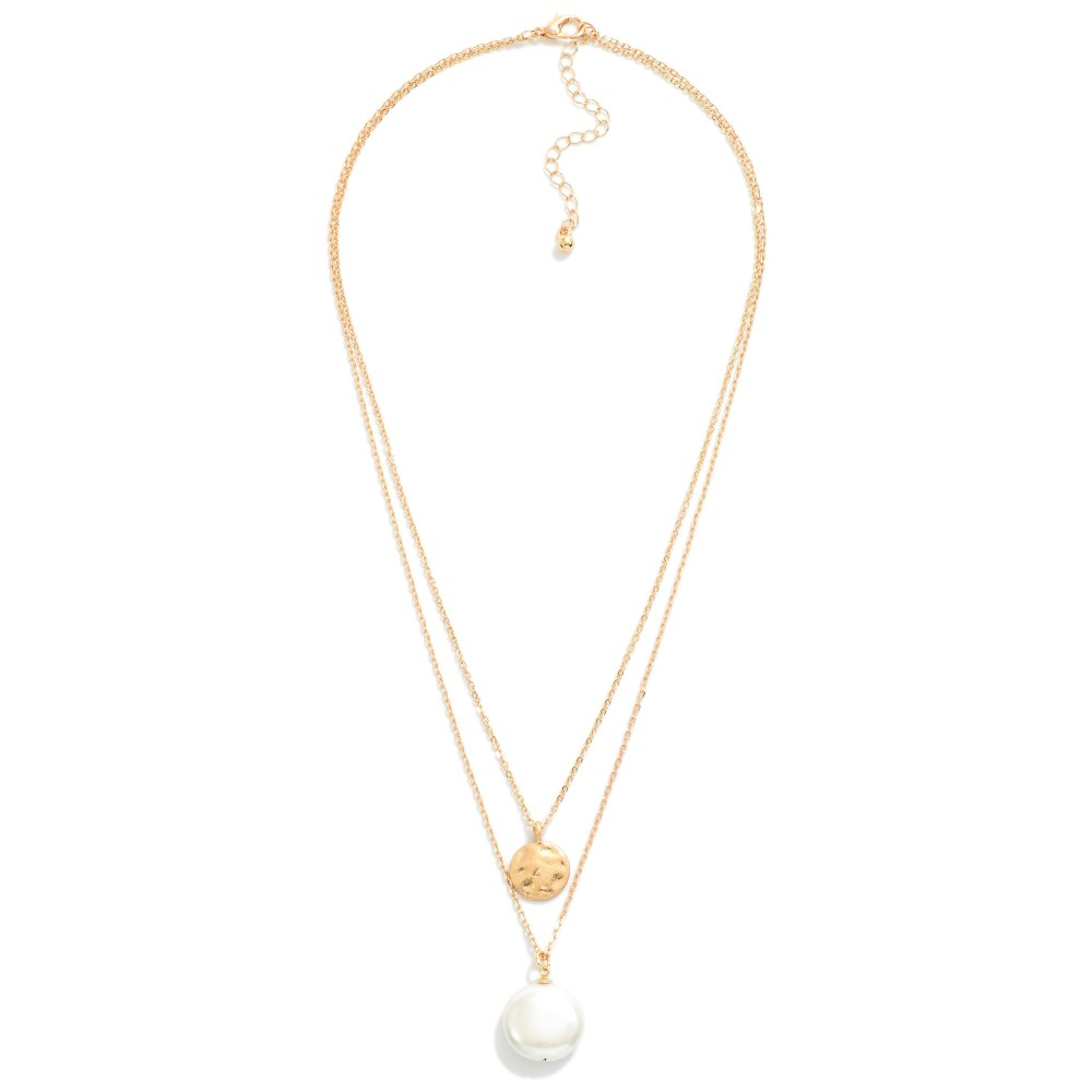 Double Chain Pearl & Disc Necklace