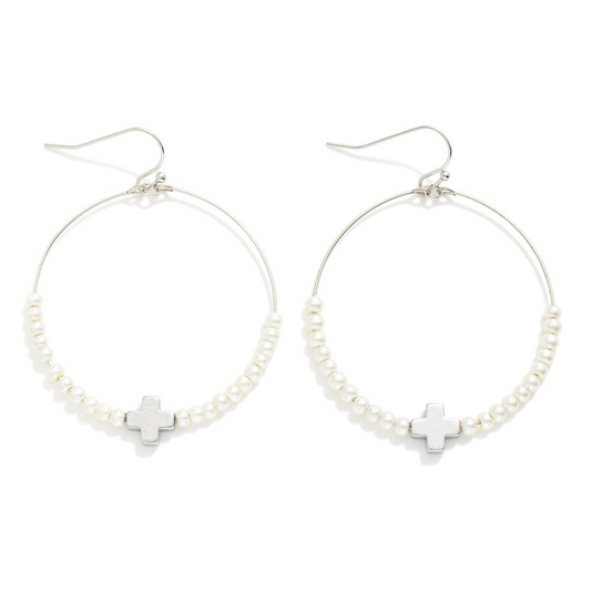 Cross And Pearl Wire Hoop Earrings