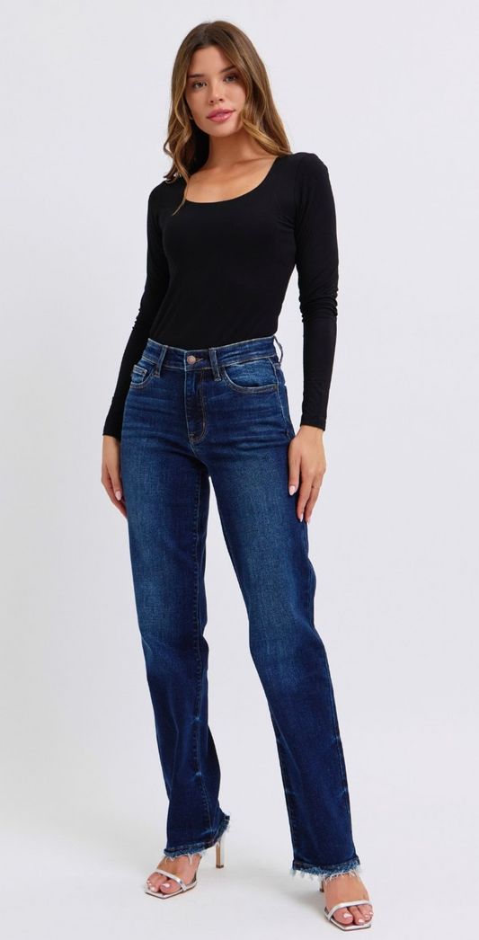 Mid Rise Straight Leg Fray Hem Jeans 82622