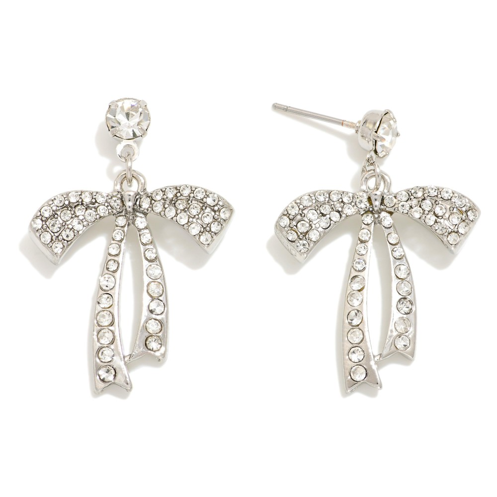 Rhinestone Studded Bow Drop Earrings