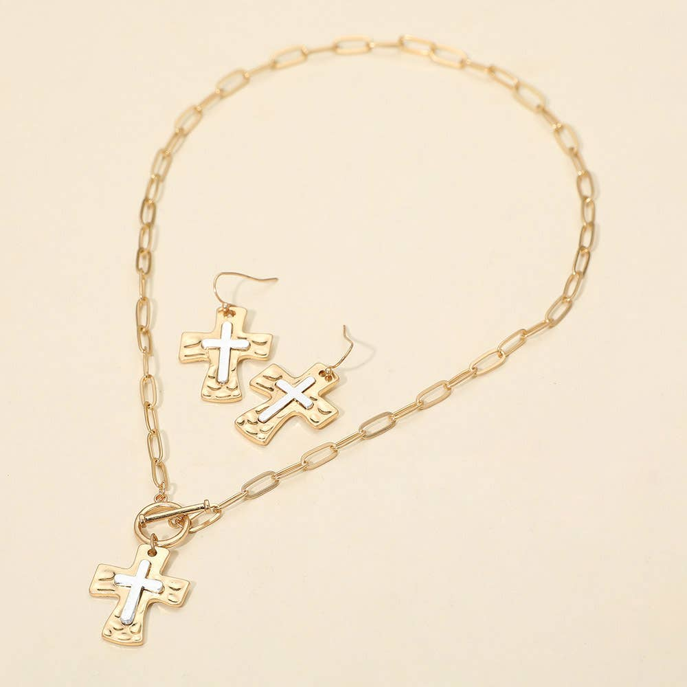 2 Tone Hammered Cross Set
