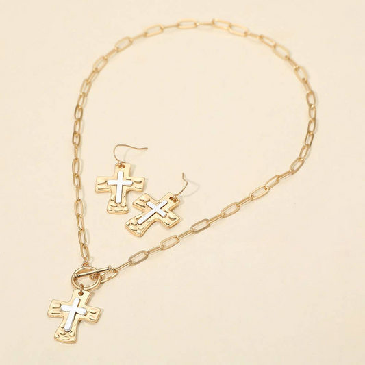 2 Tone Hammered Cross Set