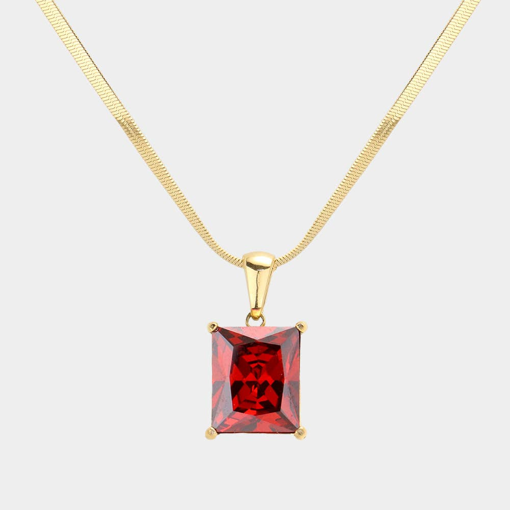 Stainless Steel Cz Rectangle Pendant Necklace