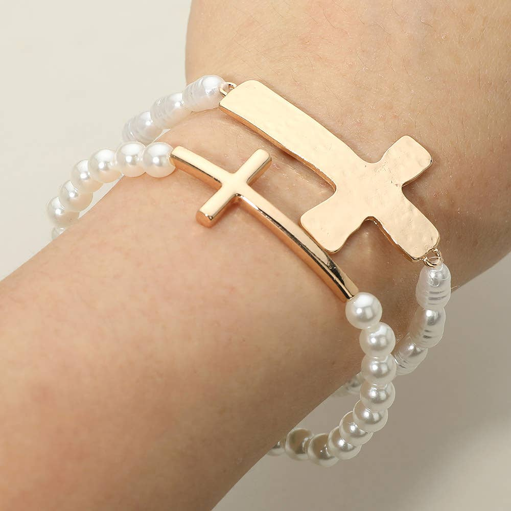 Pearls & Cross Bracelet Set