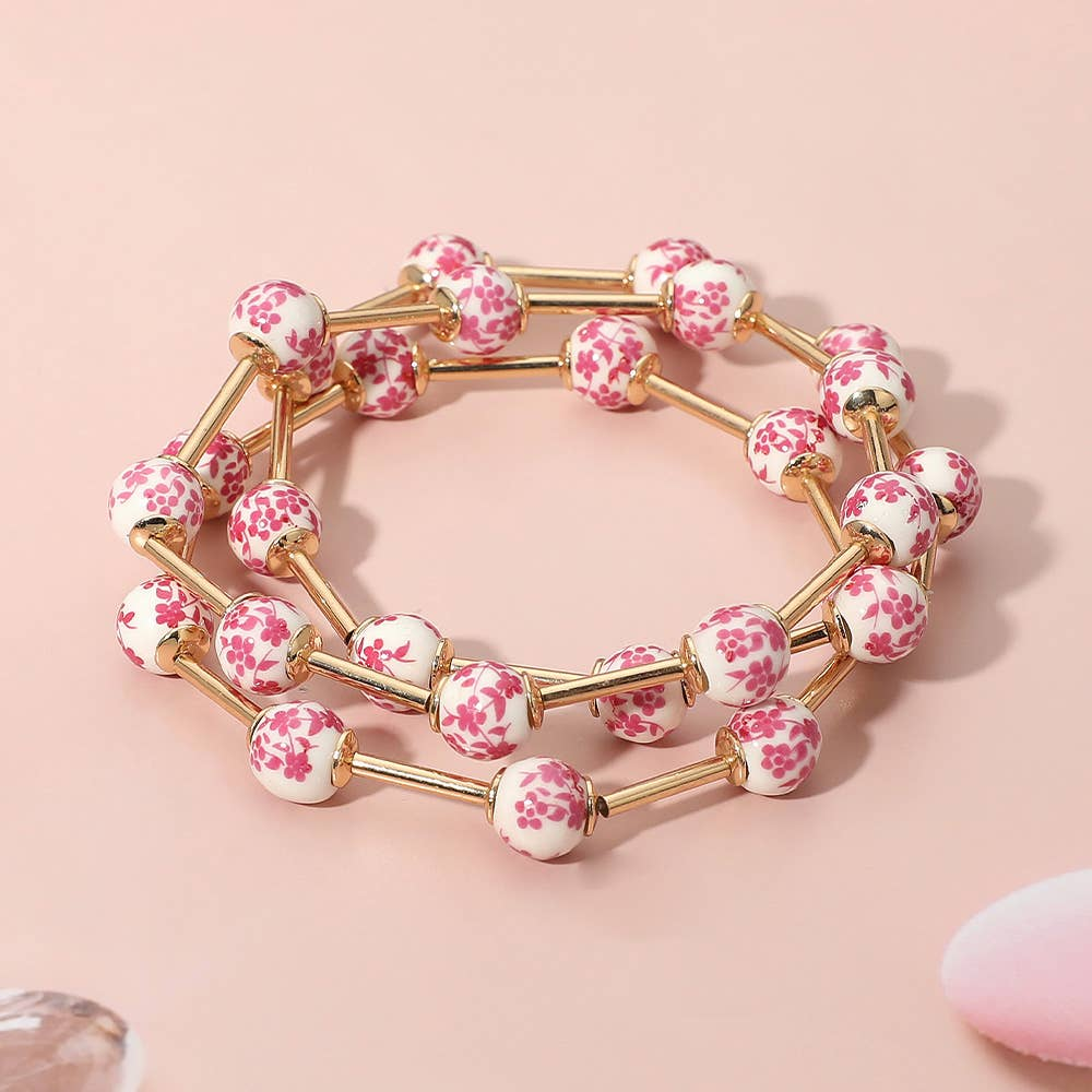 Floral Ceramic Bead Stack Bracelets