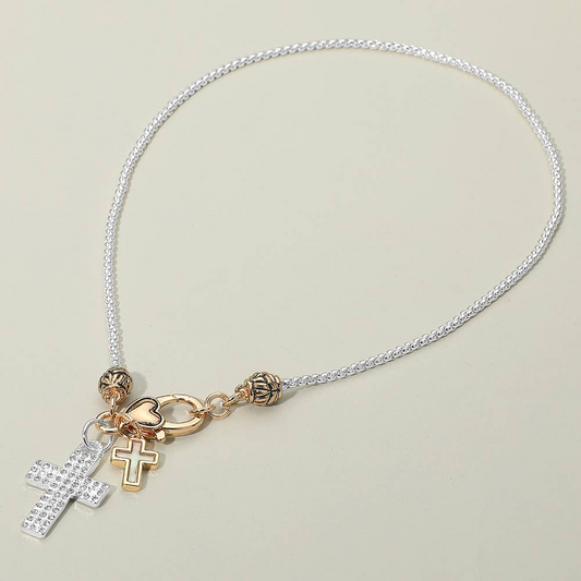 Rhinestone 2 Tone Cross Necklace