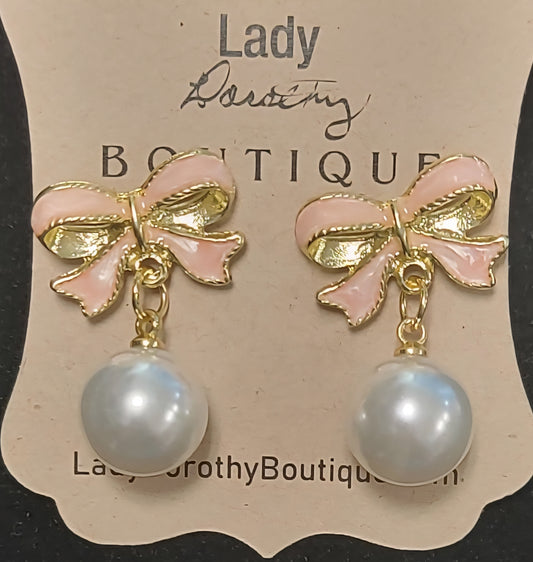 Pink Bow Pearl Earrings