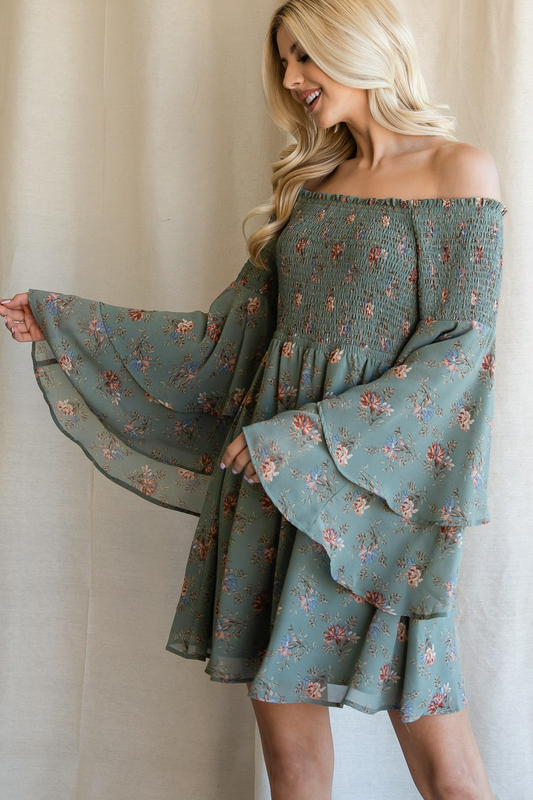 Sage Floral Smocked Baby Doll Dress