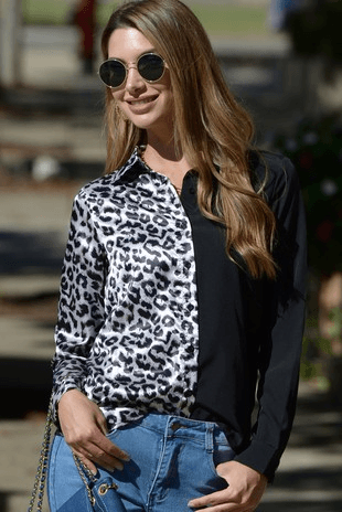 Leopard Two Tone Long Sleeve Blouse - Lady Dorothy Boutique